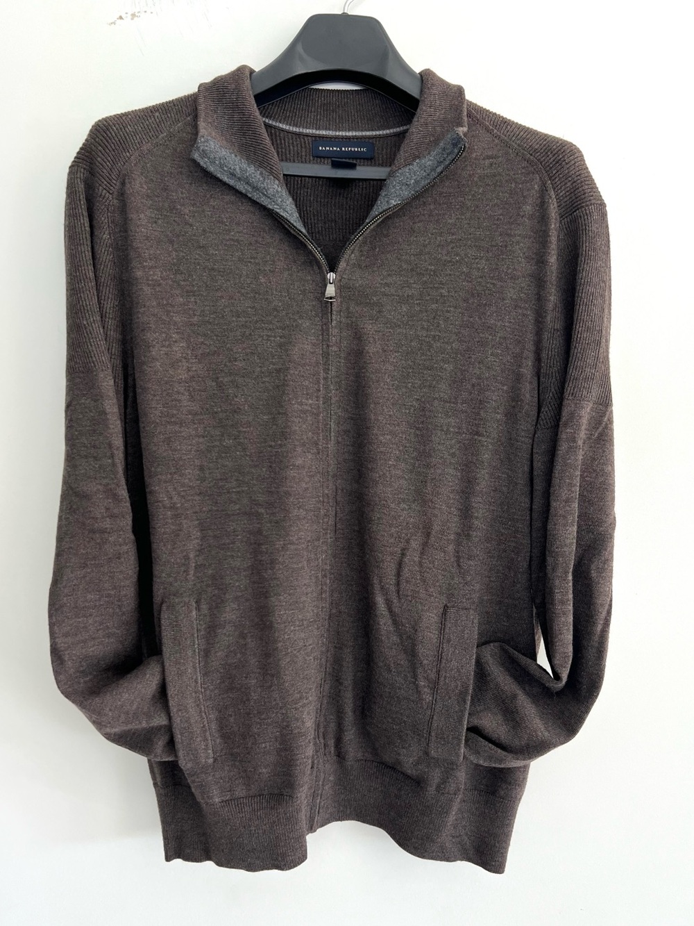 BANANA REPUBLIC 100% Merino Knit Cardigan Zip Up Brown Long Sleeve Sweater Sz XL